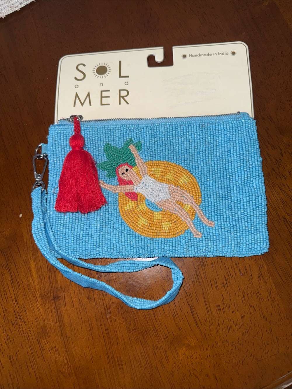 Beaded  Wristlet Pouch in Blue & Red NEE